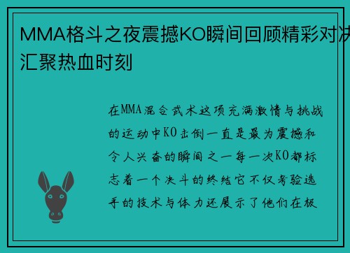 MMA格斗之夜震撼KO瞬间回顾精彩对决汇聚热血时刻
