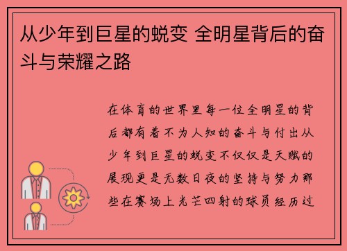 从少年到巨星的蜕变 全明星背后的奋斗与荣耀之路